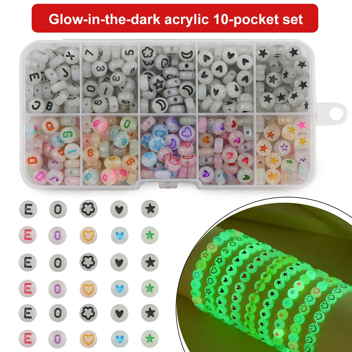 A Box 500pcs Luminous Beads 7mm Round Beads Star Moon Heart letter Loose Beads for Love Jewelry Bracelet Neckalce Making DIY 10