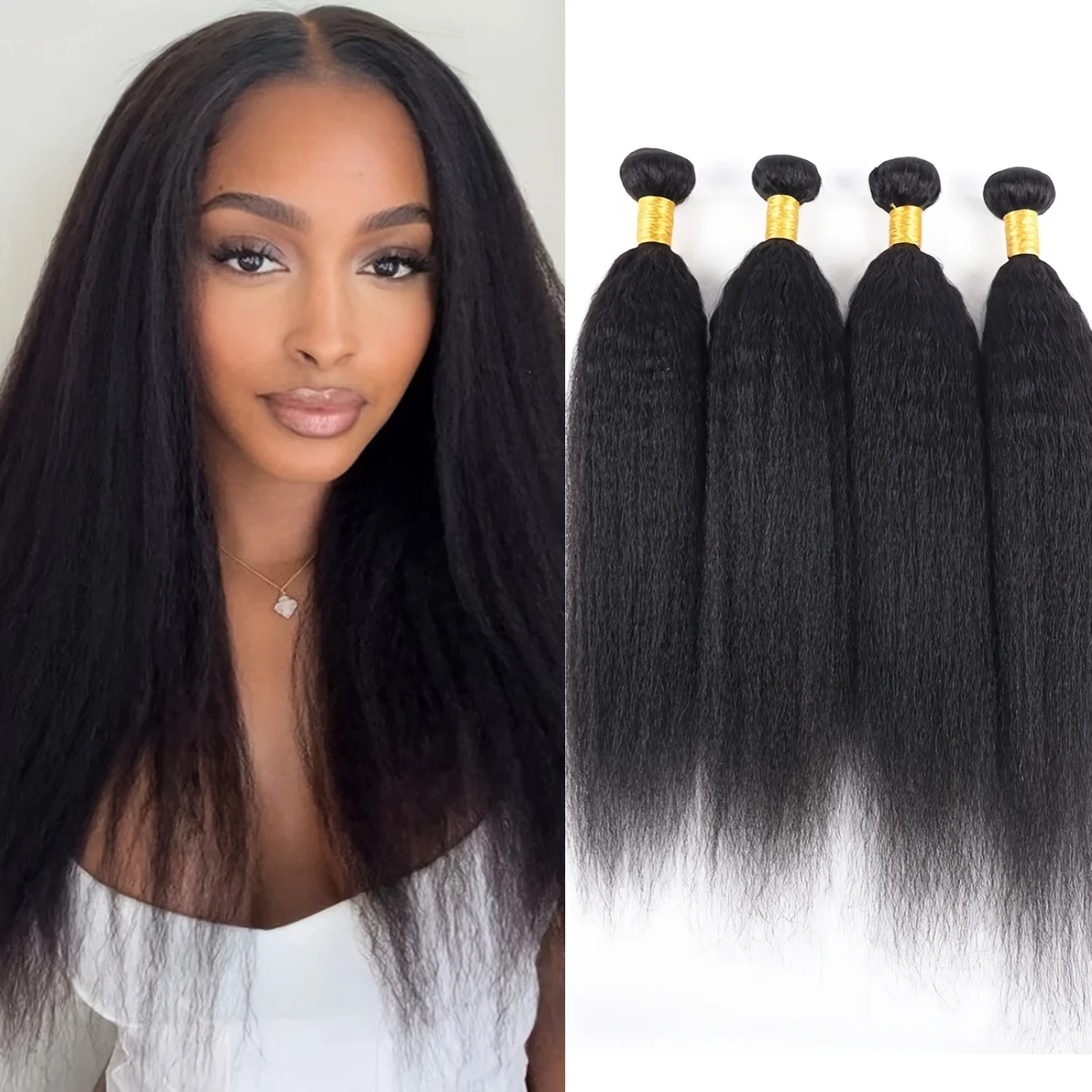 Brazilian Kinky Straight Human Hair 1/3/4 Bundles Yaki  100% Virgin Kinky Straight Human Hair Extensions Natural Black