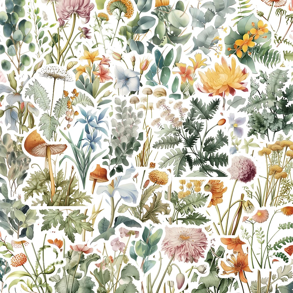10/30/50pcs Fresh Plant Flower Cartoon Stickers Watercolor Aesthetic Decals DIY Notebook Fridge Suitcase Reward Colorful Sticker