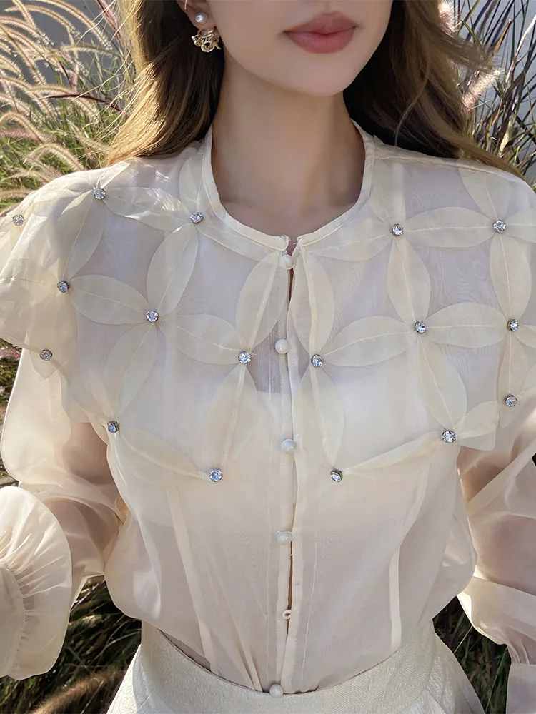 Dabuwawa Appliques Shirt Women 2023 New Collection Peter Pan Collar Rivet Blouse Korean Reviews Many Clothes DM1CST020