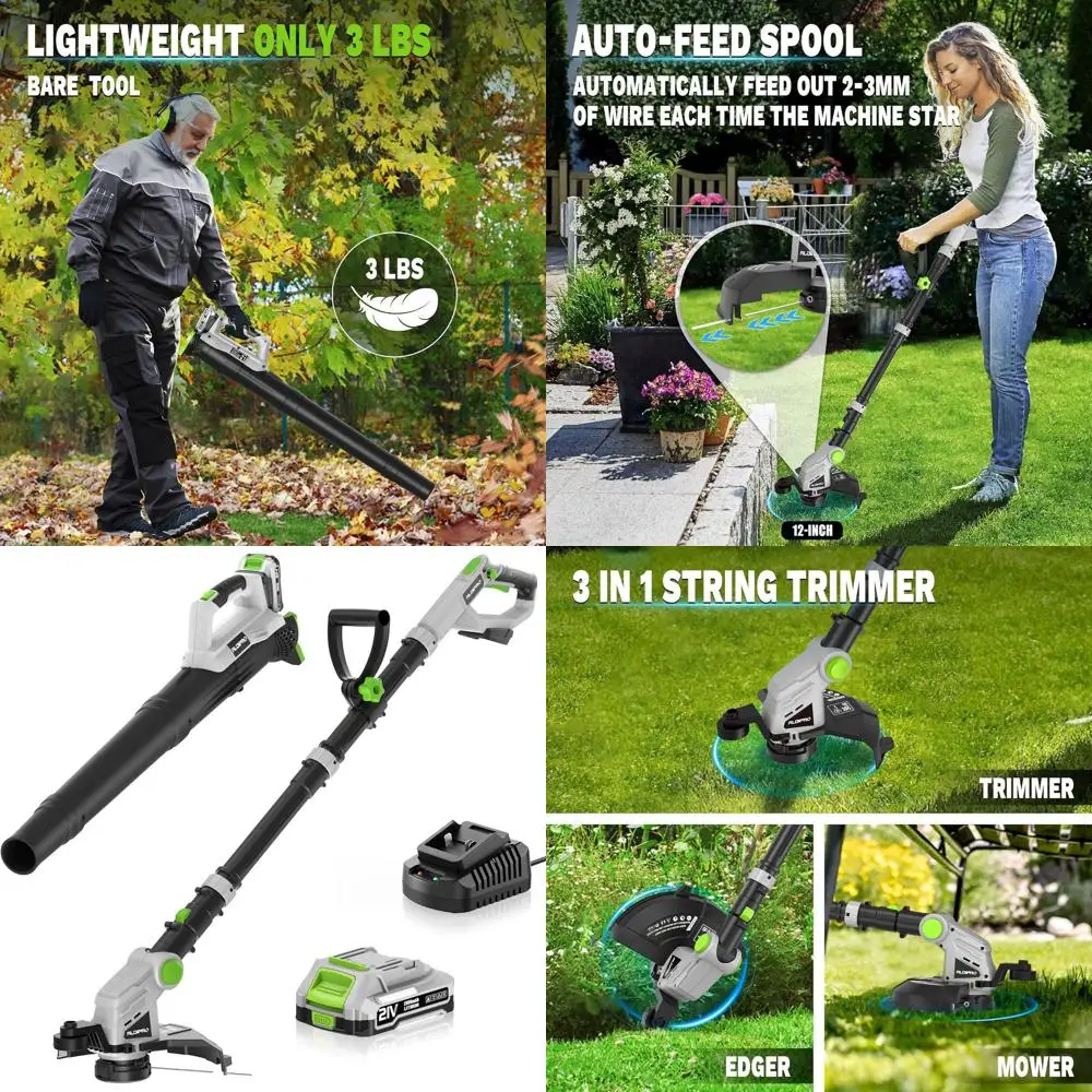 

Легкая аккумуляторная воздуходувка для листьев и триммер для струн, аккумулятор емкостью 2,0 Ач, вентилятор 400 куб. футов в минуту/130 миль в час, 12 триммеров с автоматической подачей для Easy La