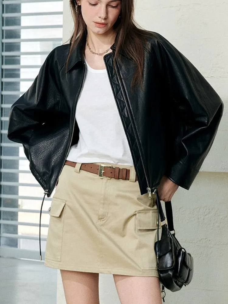 Krótka kurtka damska z prawdziwej skóry owczej, jednolita, z klapami, wysokiej jakości, luźna, zapinana na zamek, ręcznie robiona odzież wierzchnia.