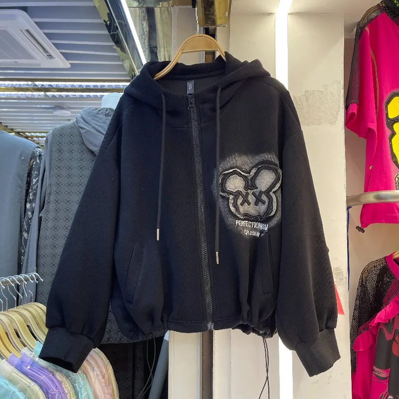 Fashion Ins Style Cartoon Hoodie Coat For Women's 2025 Autumn Winter Mid-Length Letter Top Black Zipper Long-sleeves Sweatshirts