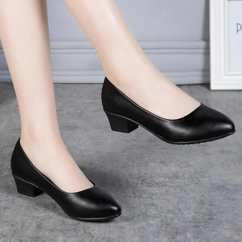 Women\'s High Heels 2022 New Fashion Single Shoes Female Shallow Mouth Work Shoes Women Black Leather Shoes Chunky Heel