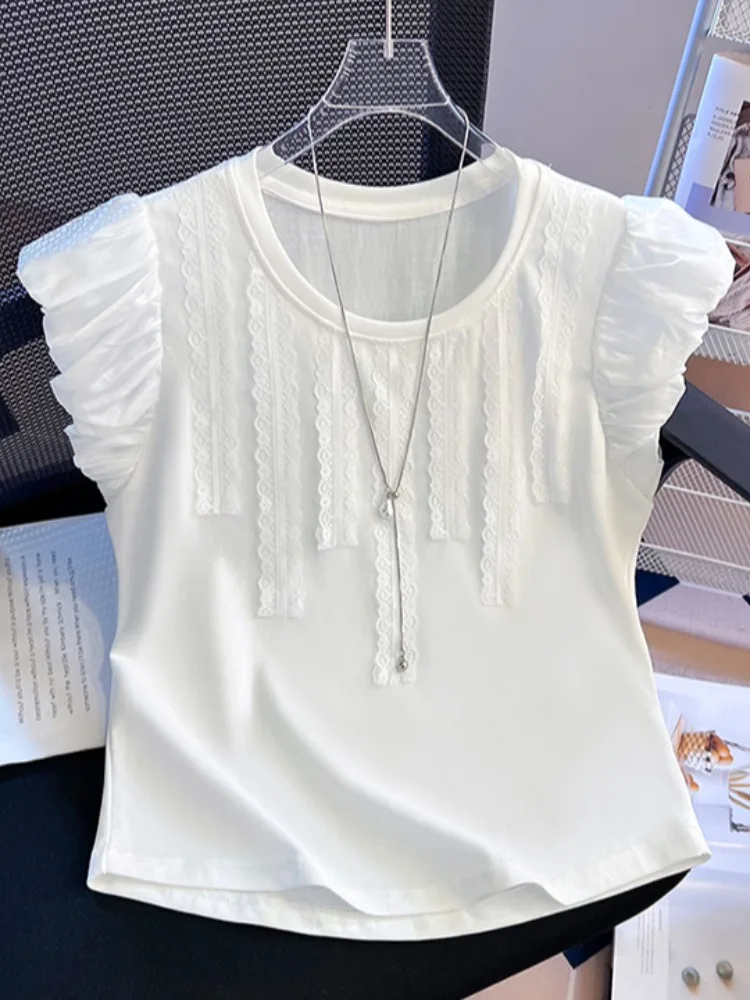 

Ruffle Sve Lace Patchwork ort Sve T-irt Women's Summer Slim Fit ort Length Top Korean Sle Commute Faion