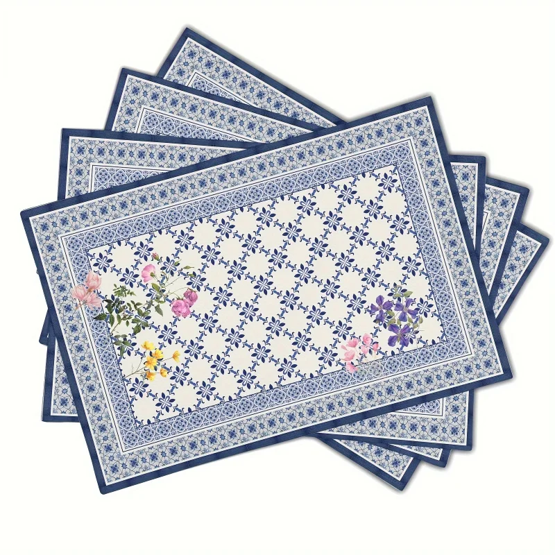 4pcs Blue Floral Placemats for Dining Table Spring & Summer Wildflower Bohemian Farmhouse Home Decor Elegant Kitchen Table Mats