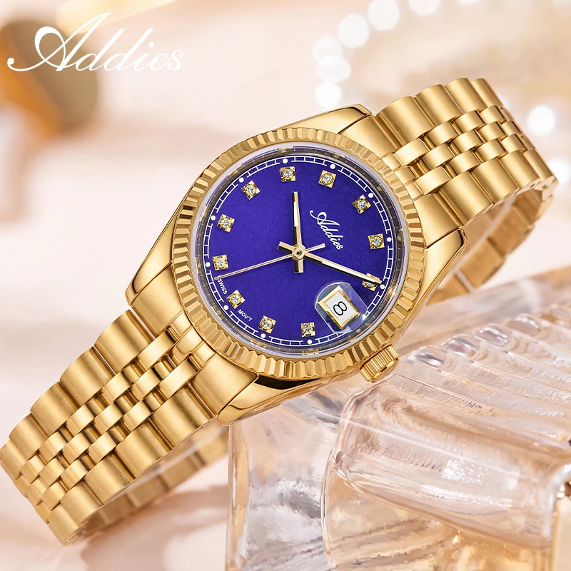ADDIES Women Luxury Quartz Wristwatch Sapphire Glass 316L Stainless Steel Date Display Casual Fashion Watch 50m Waterproof 28mm