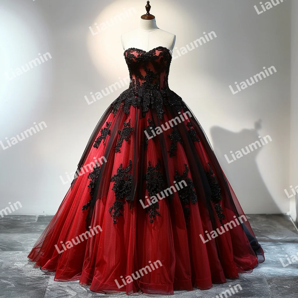 Custom Red Tulle Black Lace Applique Strapless Ball Gown Floor Length Prom Formal Dresses Evening Lace Up Back Clothing A3-4.7