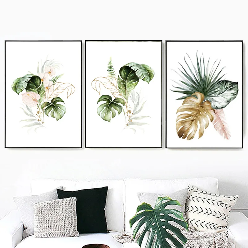 Tropical plants green leaves gold flowers Wall art canvas painting poster printing living room home decorative painting core