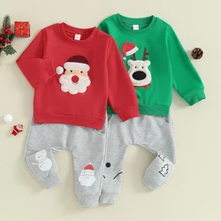 2023-10-23 Lioraitiin Toddler Boys Christmas Outfits Santa/Elk Fuzzy Embroidery Long Sleeve Sweatshirts+Long Pants Clothes Set