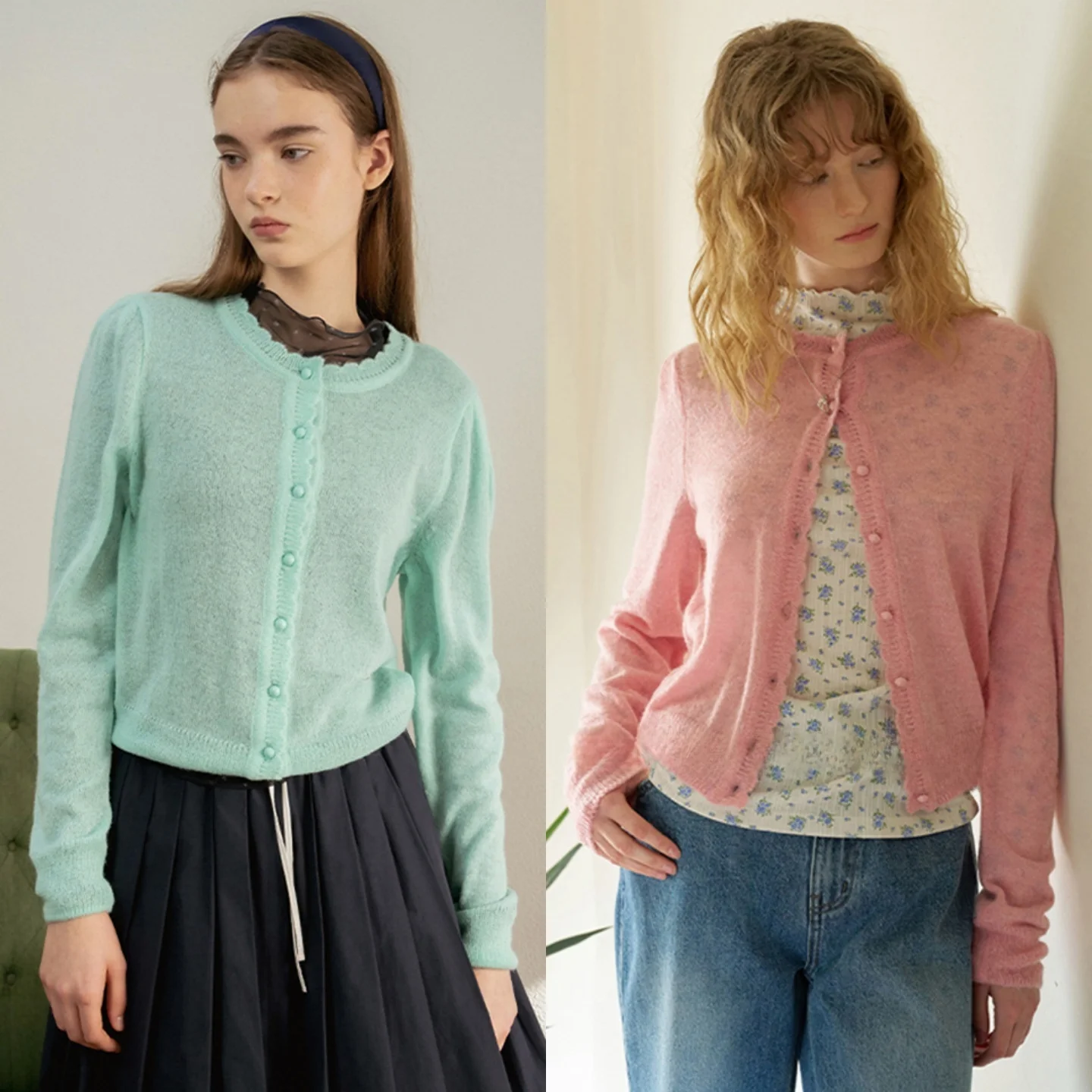 Soft Knitted Cardigan round Neck Commute Versatile Knitted Shirt Light Touch Wooden  Bordered Long Sleeve Women's Top
