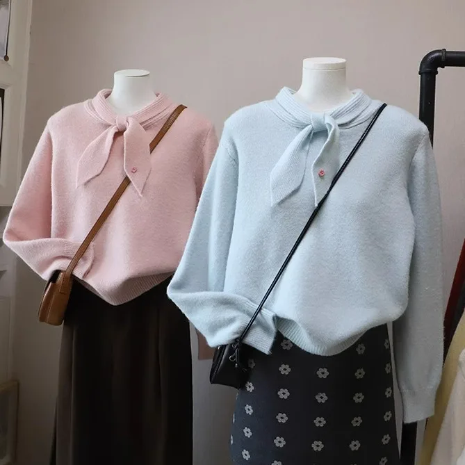 

Knot Gentle Knit Sweater Women's Autumn Winter Thiened Slimming Top Korean Sle Regular Fit Long Sve Sweater