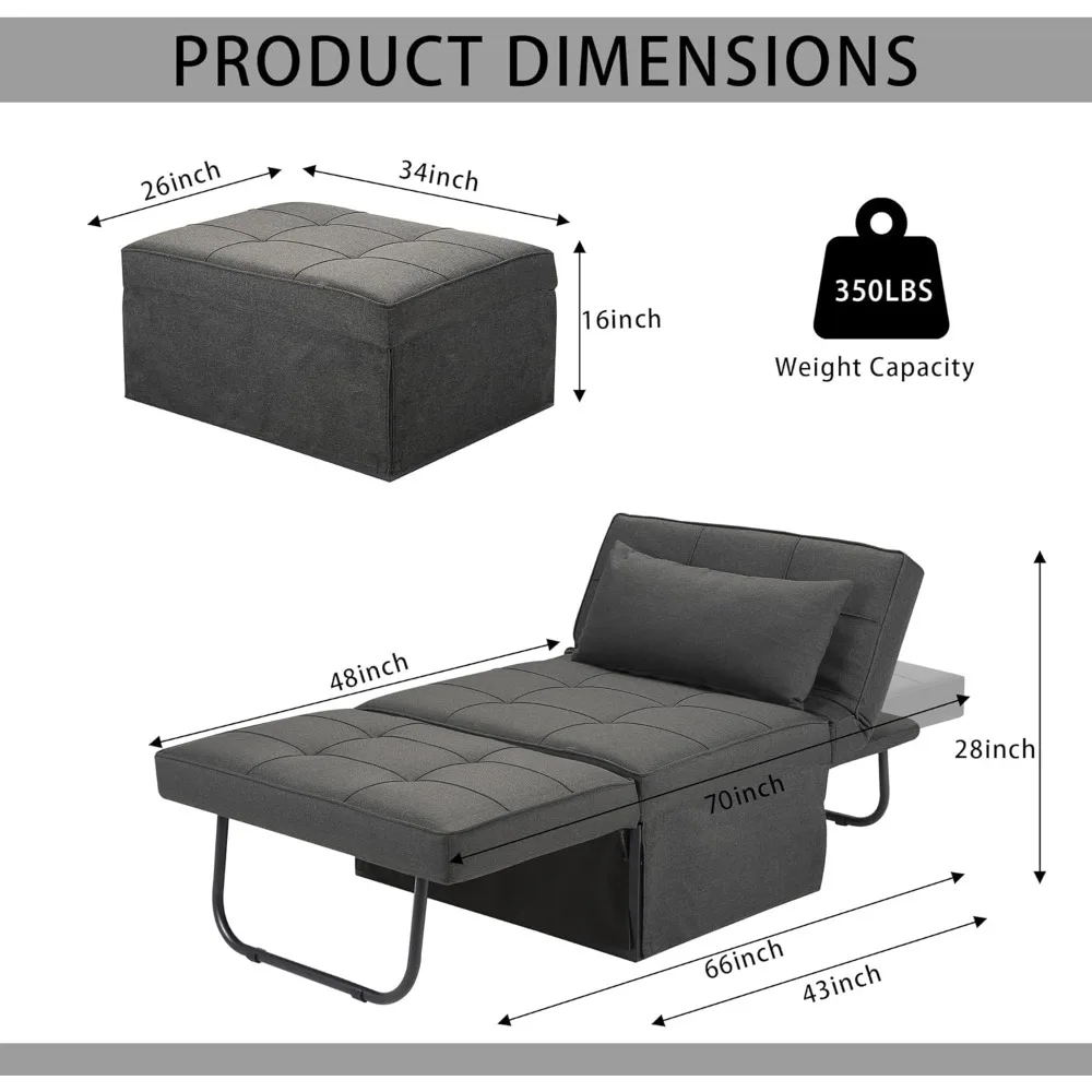 Sofa Bed, 4 in 1 Multi-Function Folding Ottoman Breathable Linen Couch Bed with Adjustable Backrest Modern Convertible Ch