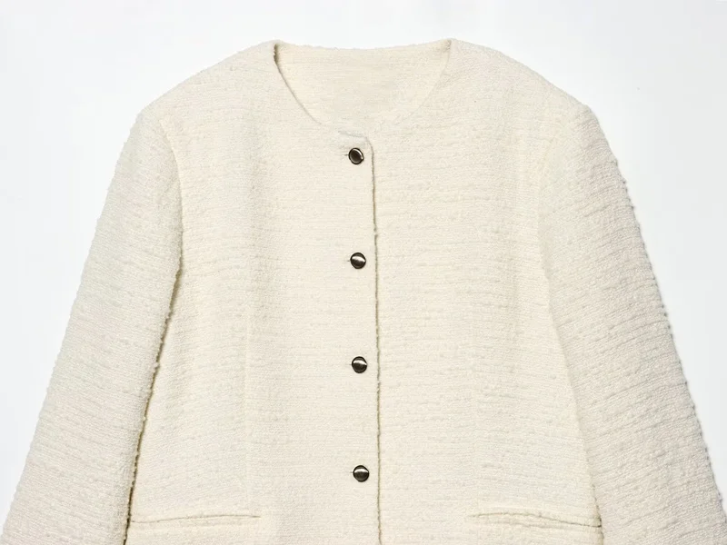 เจนนี่&เดฟเสื้อแจ็คเก็ตผู้หญิงสไตล์มินิมอลสีเบจแบบฝรั่งเศส เสื้อผ้าผู้หญิง เบลเซอร์ผู้หญิง กระดุมแถวเดียว คอทรงกลม เสื้อสูทสำหรับผู้หญิง