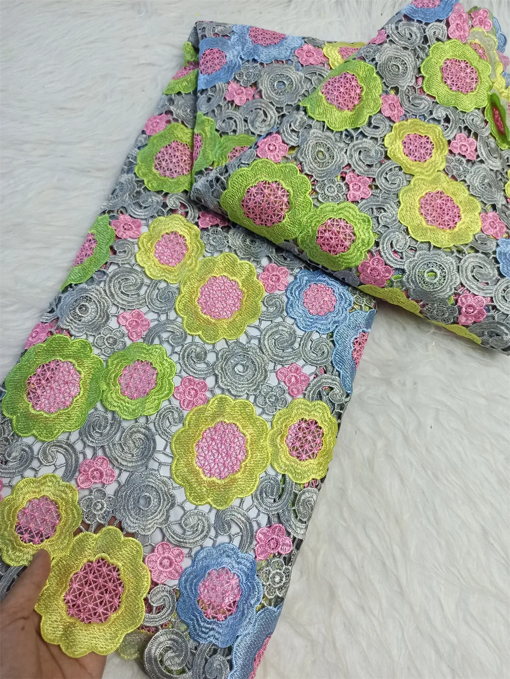 

Latest High Quality 2025 African Nigerian With Tulle Sewing Lace Fabric Guipure Embroidery Dresses Sequins 5Yards JH0077