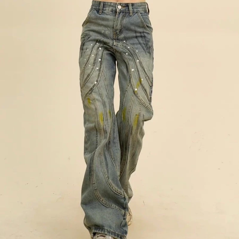 

2025 autumn design sense zipper slimming pants American style high street washed micro flared jeans straight leg pants
