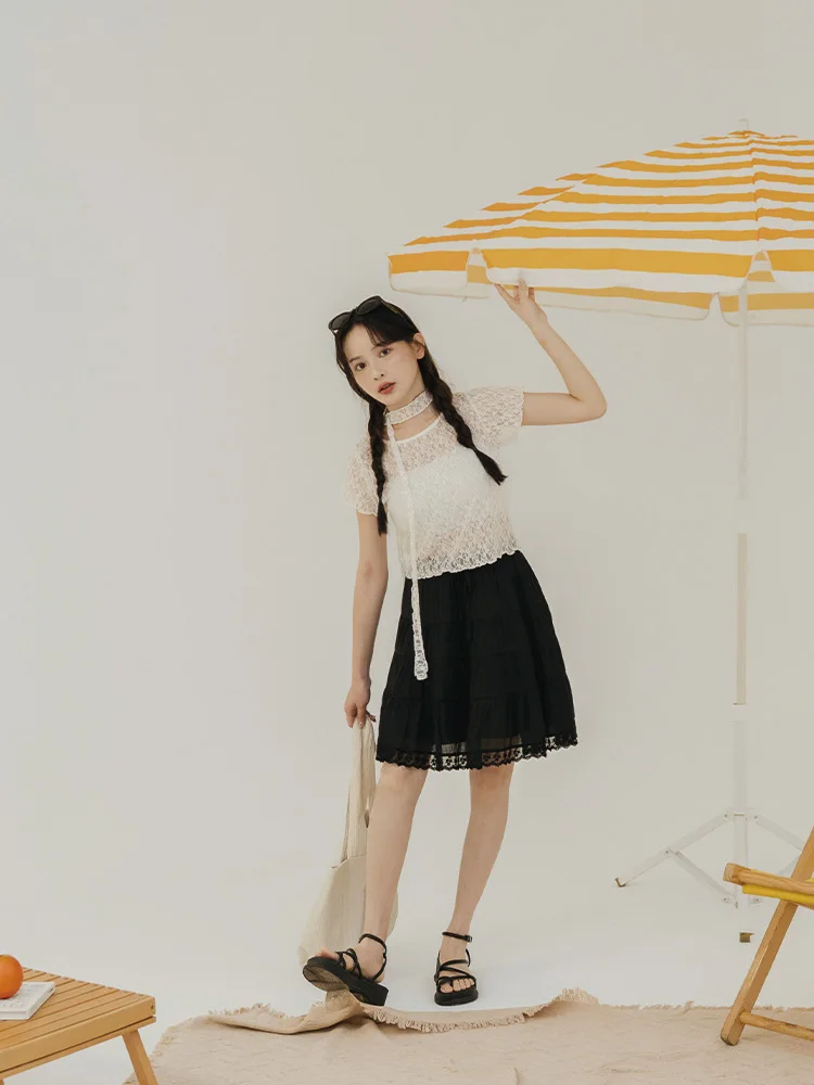 

Queenop Autumn Winter New Lace Splicing Design Cake ort Skirt Women's High Waist Puffy Skirt Polyester Fiber Loose Fit