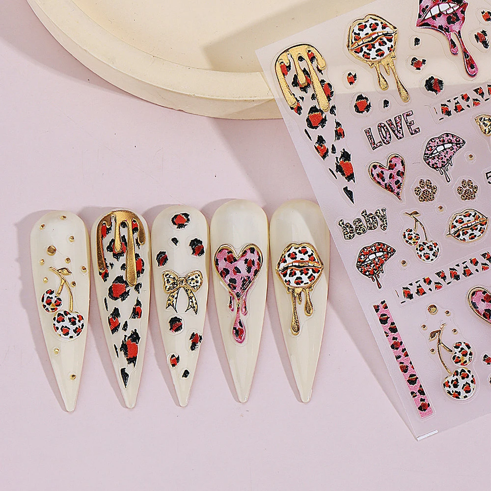 5D البرنز ليوبارد طباعة ملصقات الأظافر الكرز الشفاه تصميم المتزلجون ذاتية اللصق لمسمار الفن زينة عيد الحب مستلزمات الأظافر #5
