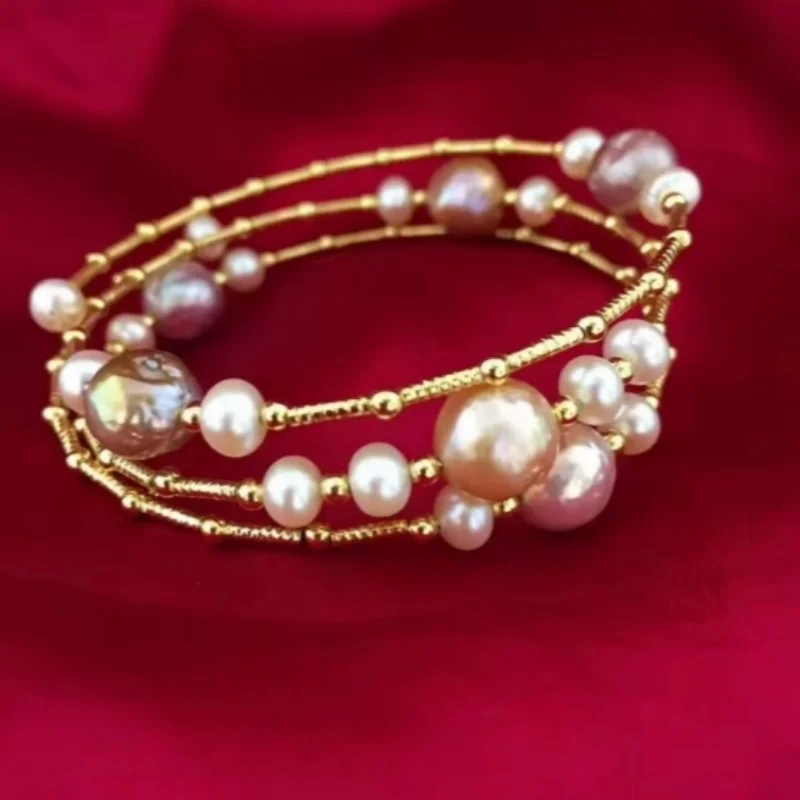 New Exquisite Natural Pearl Multi-Layer Baroque Open Bracelet Fashionable Jewelry Accessory