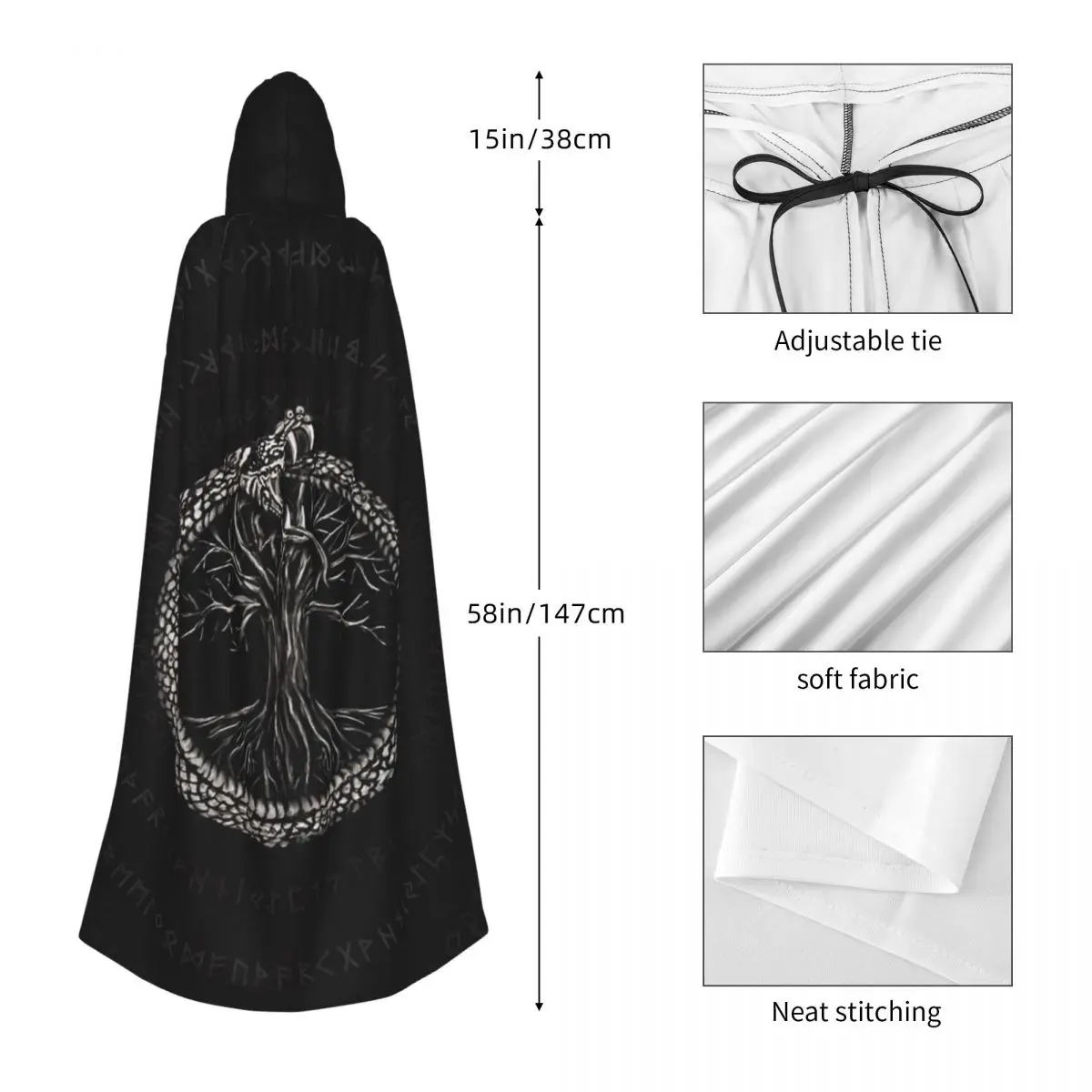 생명의 나무가 있는 우로보로스 긴 후드 망토 마녀 중세 의상 코스프레 케이프 할로윈 뱀파이어 성인 유니섹스