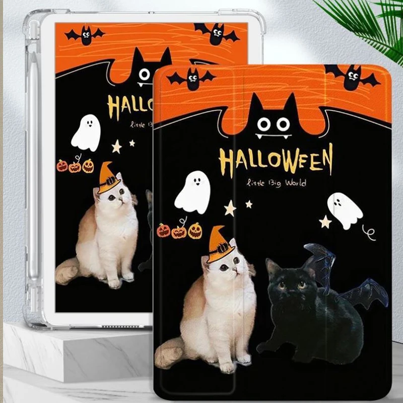 Y2k Cool Halloween Cute Kitten Pad Case For IPad Air 4 5 6 Pro 11 12.9 13 M4 10.9 10.2in Mini 7 6 5 4 Three Folded Edge Cover