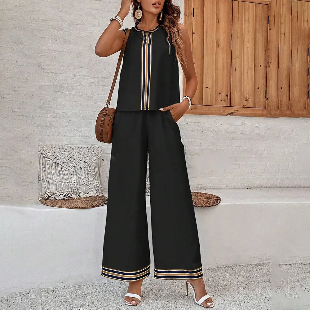 Summer Chic New Commuter Simple Print Chiffon Sleeveless Top And Pants Set Lightweight Breathable Loose Comfortable S-XL