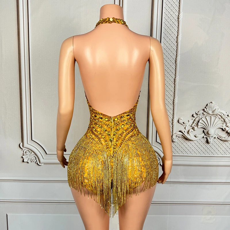 Golden Rhinestone Sexy Bodysuit Women Gogo Show Dancer Clothes Nightclub Bar Stage Wear Backless Halter Jumsuit Rave Outfit  yk