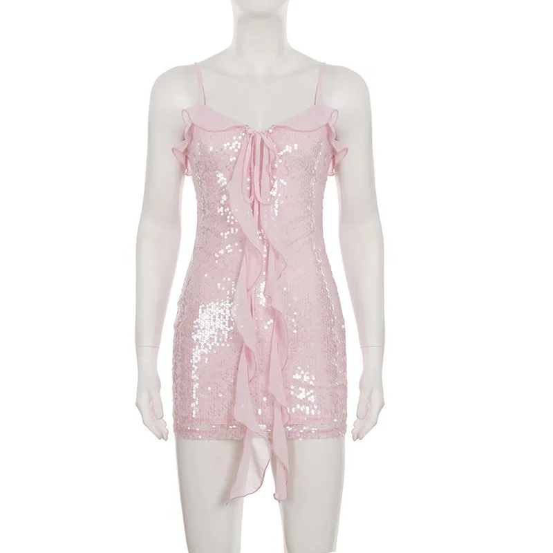 Sexy baixo corte sem costas lantejoulas halter vestido elegante babados vestido de noite fino para mulheres estilo férias praia festa vestido curto