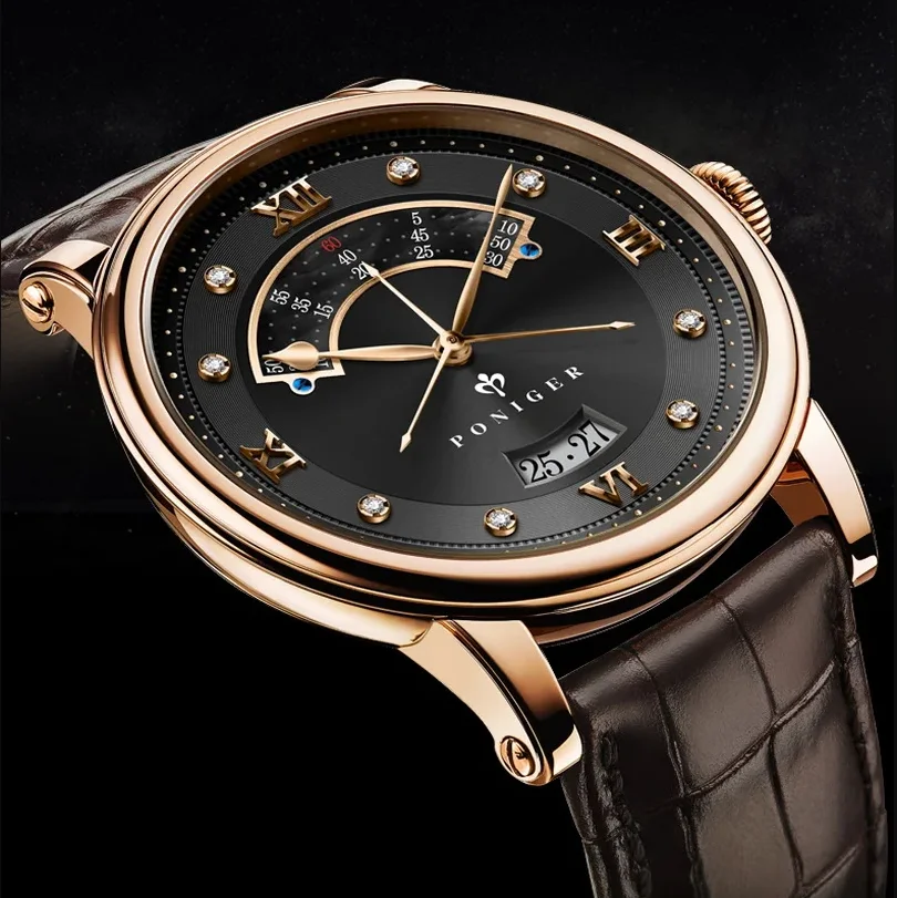 PONIGER Men Automatic Watch 42MM Mechanical Wristwatch 50M Waterproof Sapphire Mirror Fan-shaped Seconds Dial