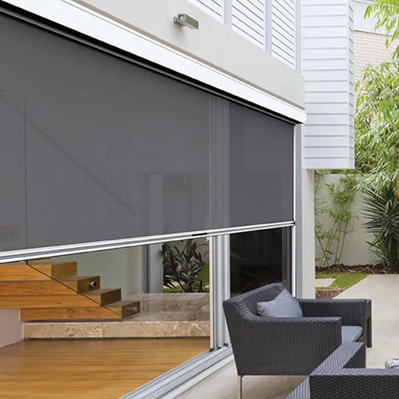 Custom Size Windproof Waterproof  Zip Screen Outdoor Blinds Electric Motorized Zip Track Window Outdoor Roller Blinds Shades
