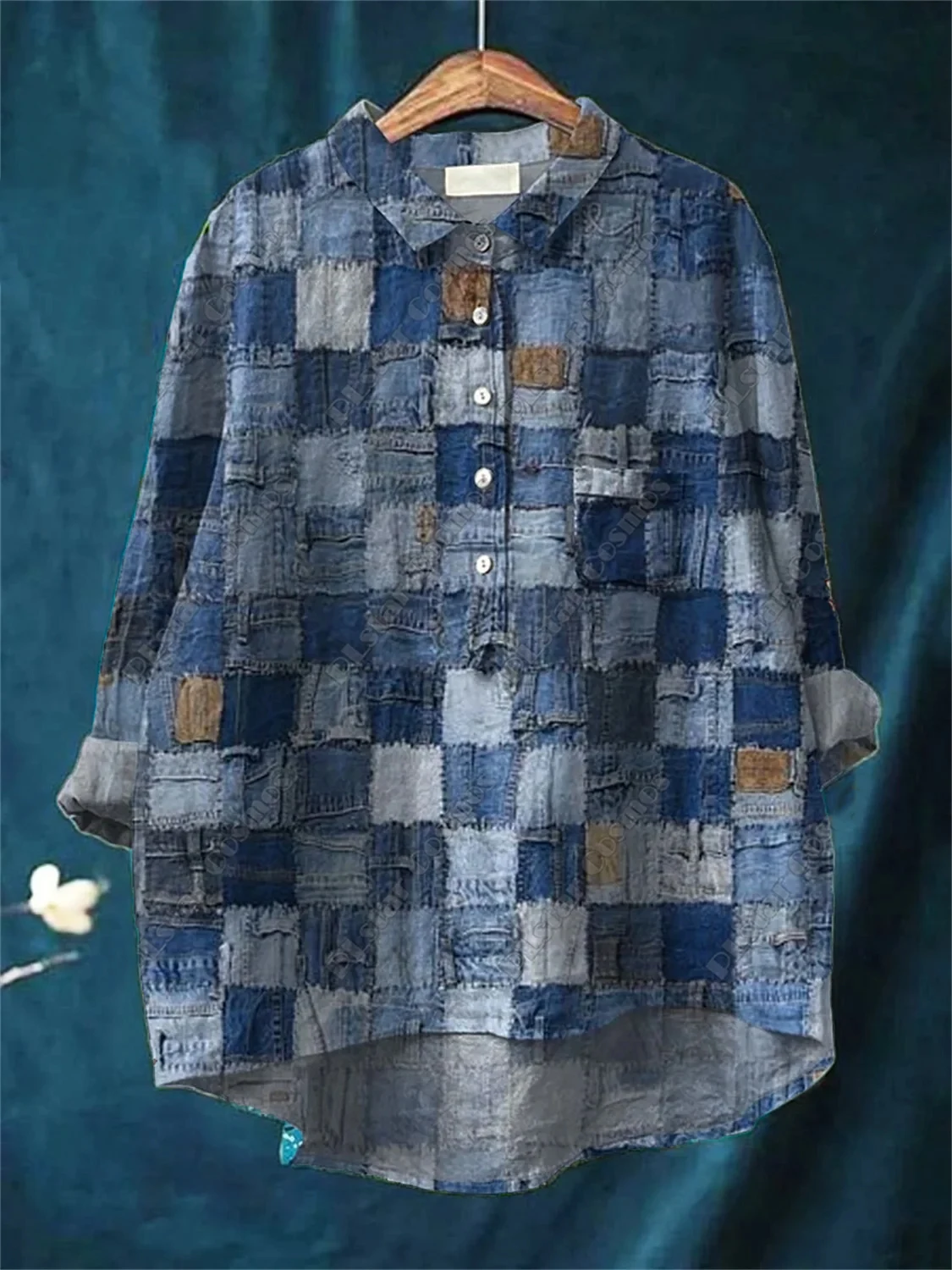 

Новая женская повседневная свободная рубашка с открытыми трубками в стиле ретро с 3D-печатью и геометрическим изменением цвета в стиле пэчворк для повседневных прогулок