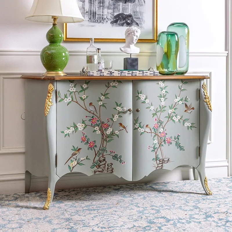 light luxury birch dining side cabinet, living room classical hand-painted entrance cabinet, carved Meijia decorative cabinet