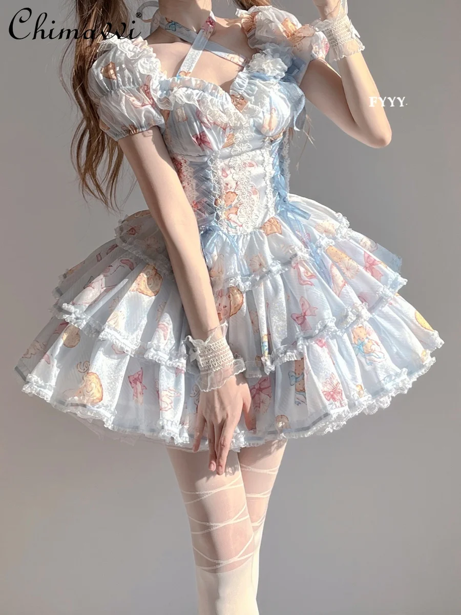 Japanese Sweet Cute Lolita Princess Dress V-neck Lace-up Neck Short Sleeve Backless Print High Waist Ball Gown Short Dress Women