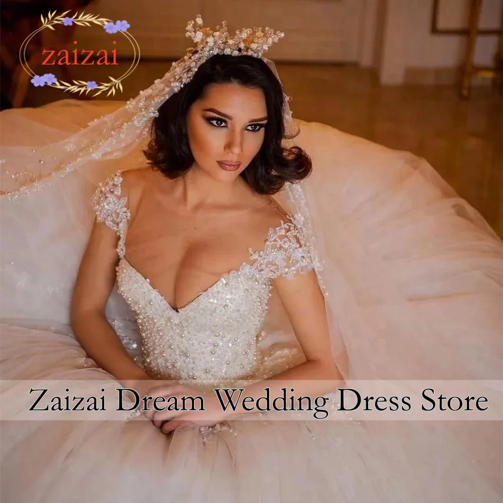 Customized Princess Ball Gown Wedding Dresses Scoop Cap Sleeves Lace Applique Beaded Pearl Wedding Dress Amanda Novias Official