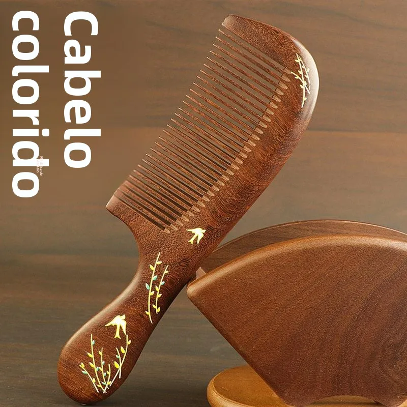 ブラックゴールドサンダルウッドヘアコーム女性用家庭用静電気防止ヘアブラシ学生用スムースヘアコーム木製コームヘアケアボリュームアップ