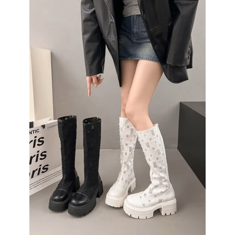 أحذية نسائية على الموضة أحذية طويلة شبكية جديدة مع نعل سميك قابل للتنفس وصنادل بمقدمة مستديرة لا توجد فوق الركبة #3