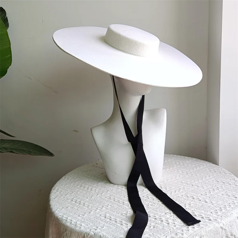 King Wheat Wide Big Brim Wool Flat Formal White Women Fedora Stage Show Felt Cap Winter Bandage Lady Fashion Outdoor Top Hat