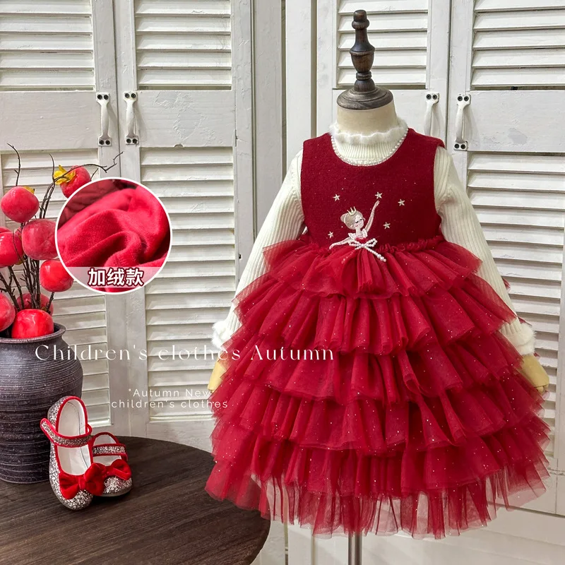 

Girls' Fleece-Lined Dress2025Autumn Winter New Stylish Red Little Girl Dance Princess Dress Puffy Skirt Trendy