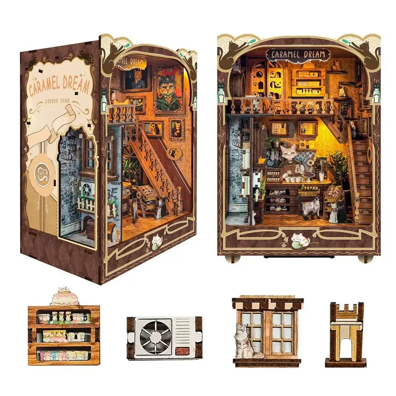 New Wooden Diy Handmade Bookend Book Nook Insert Shelf Caramel Dream Miniature Model Kits With Furniture Bookshelf New Year Gift