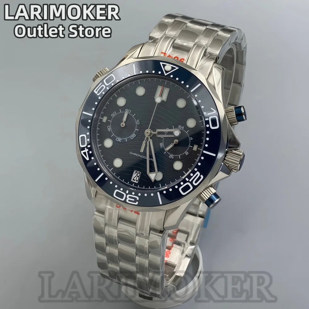 LARIMOKER 41mm VK64 Quartz Chronograph Men's Watch Sapphire Crystal Blue Ceramic Bezel Wave Dial Stainless Steel Bracelet Date
