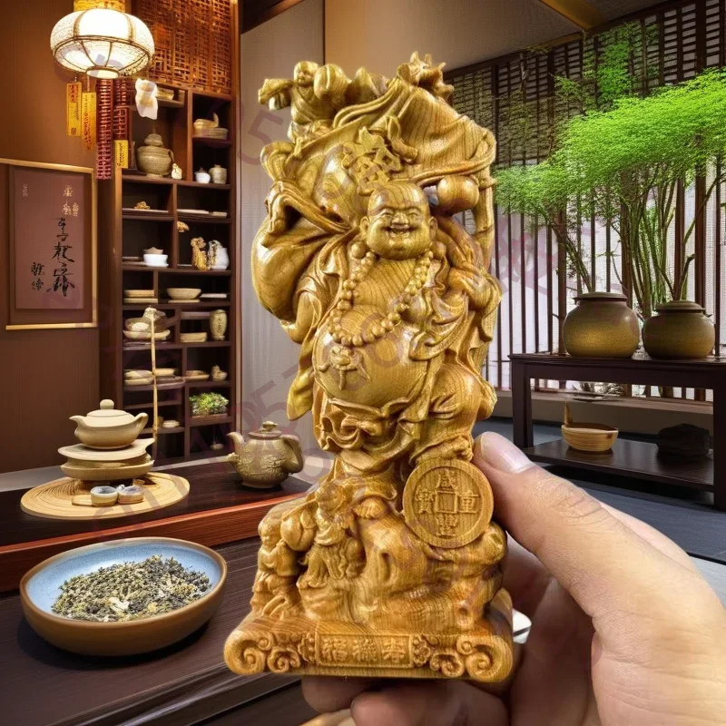 Wood Carving Big Belly Laughing Buddha Sculptures And Figurines Characteristics Home Room Office Wealth Luck Feng Shui Decor