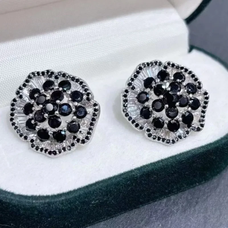 Vintage elegant flower stud earrings, minimalist black full zircon earrings, shiny rose earrings
