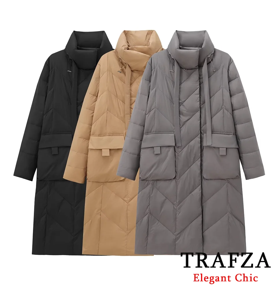 TRAFZA Women Fall Winter Padding Solid Long Coat Three-Color Buttons Long Coat New 2024 Fashion Casual Simple Long Coat