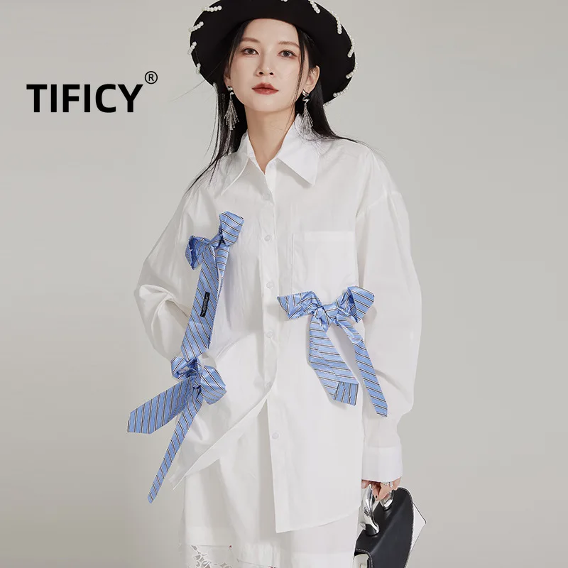 TIFICY TIFICY Early Women's Autumn New Tie Big Bow Loose Long Sleeved Shirt Niche Design High-end Wearing Streetwear Shirts Top