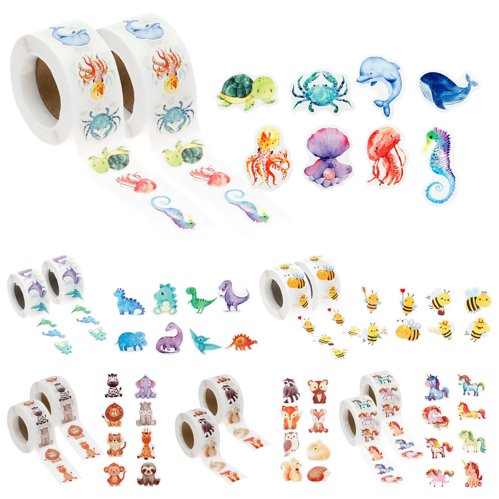 Children's Animal Stickers Set 2/12 Rolls Children's Encouragement Decals 8 Different Patterns for Classroom Reward Party Game
