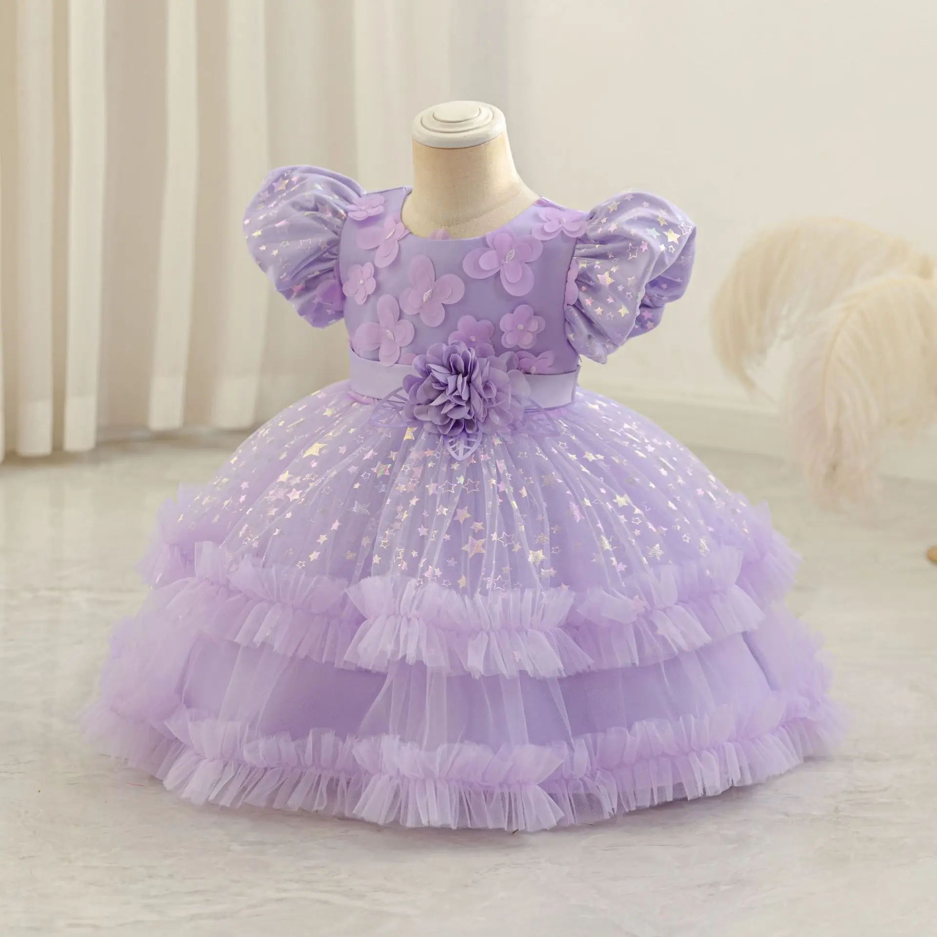 HETISO Baby Girls Dresses Flower Star Printed Toddler Tulle Petal Pageant Ball Gown Newborn 1 Years Birthday Princess Dress 1 4Y