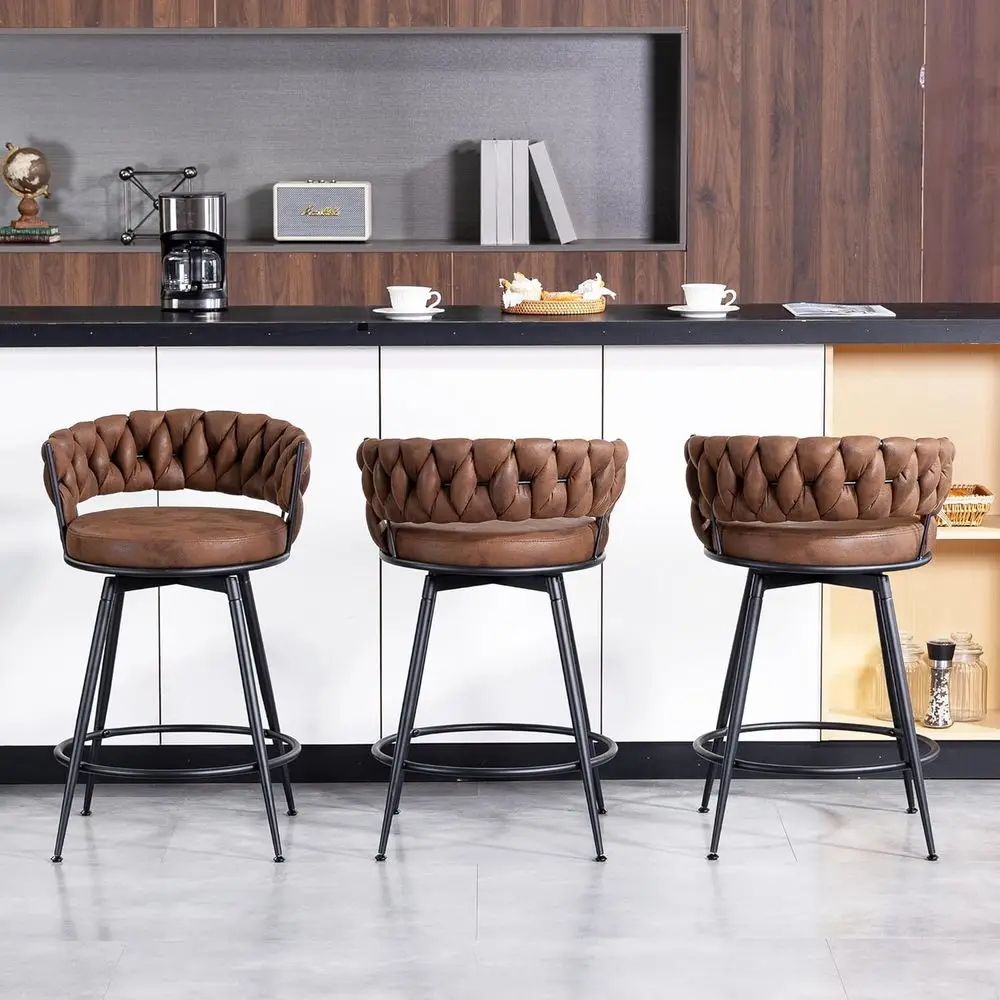 

Set of 3 24-Inch Counter Height Swivel Bar Stools with Woven Backrest and Suede Fabric Seat, Metal Frame and Footrest, Ideal for