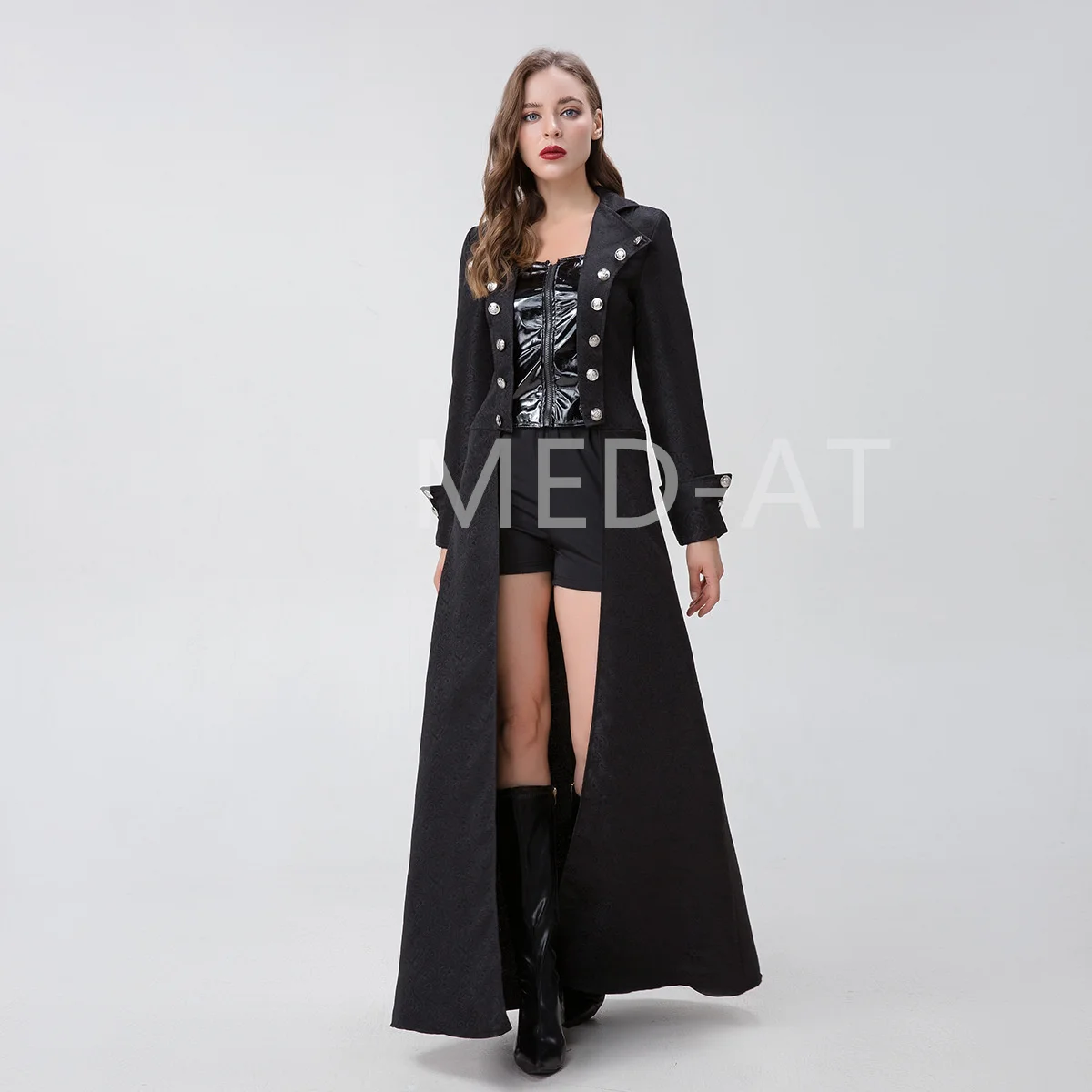 Steampunk Women Costume Set Black Double Breast Trench Coat Halloween Pirate Cosplay Medieval Ladies Swordsman Carnival Outfit