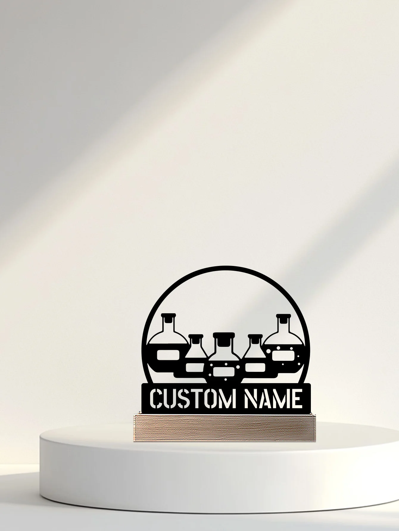 1pc Abstract Chemical instruments Custom Name Metal Statue With Wood Base Metal Ornament Metal Sculpture With Wood Base