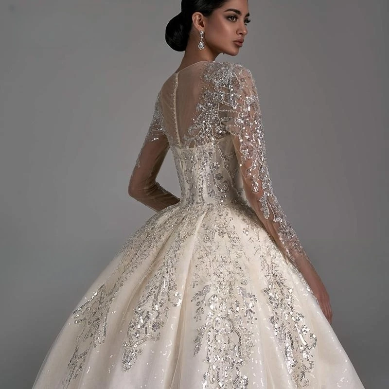 Nuovo elegante scollo tondo manica lunga abito da ballo Champagne abito da sposa 2023 Appliques di perline di lusso scintillante abito da sposa principessa